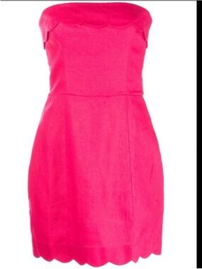 100% Linen Strapless Scallop Hem Pink Dress
